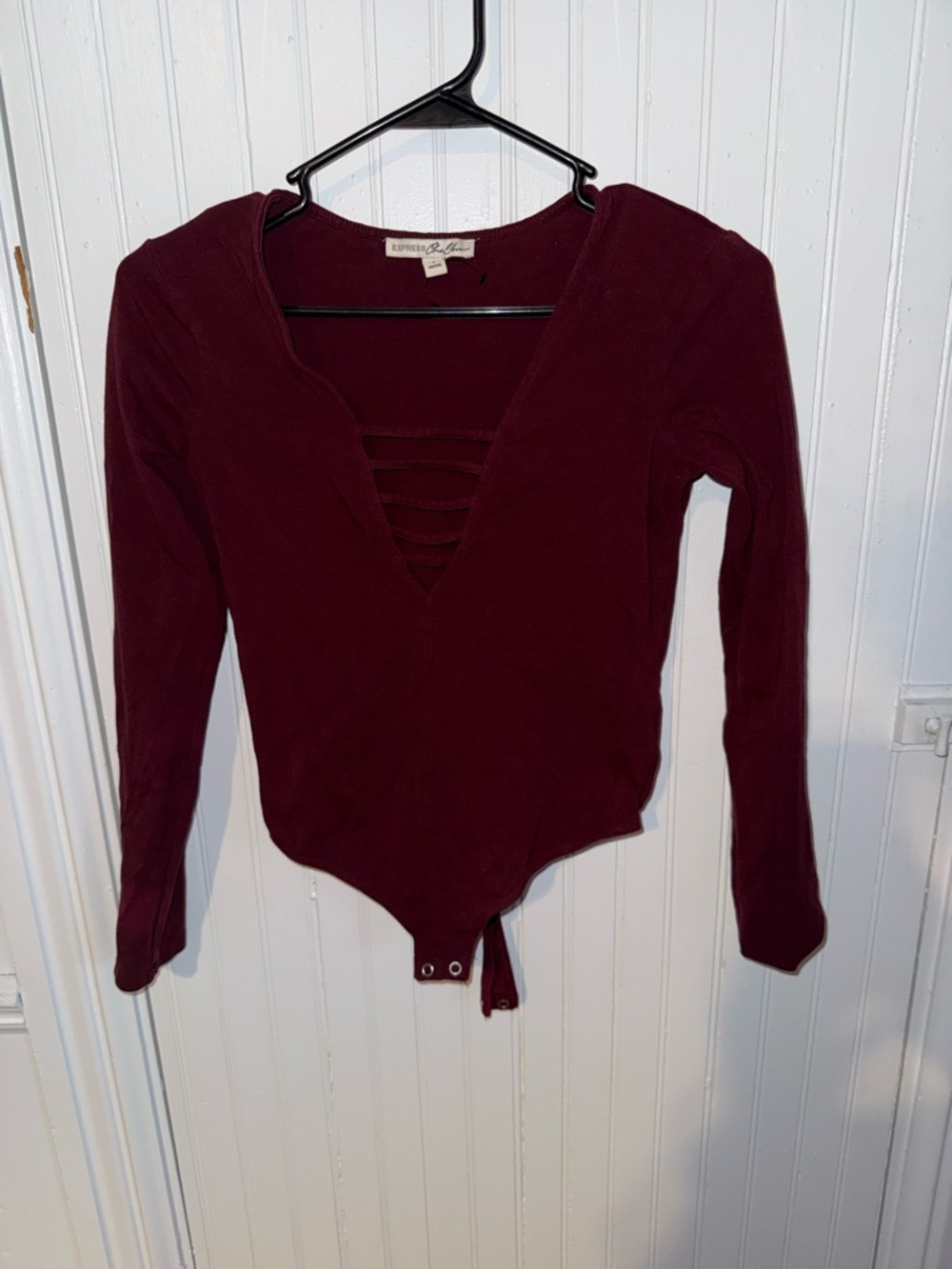 Express Long-Sleeve Plunge Lace-Up Bodysuit in Burgundy - one eleven collection